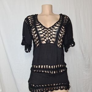 Renjo Womer Size M  Summer Chic Black Crochet Swim Cover-Up